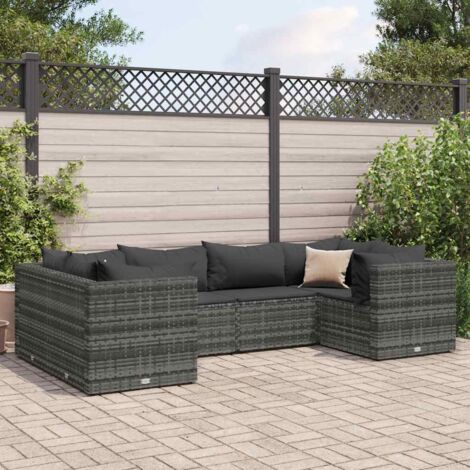 Ensemble de Jardin 6 Places Gris Résine Tressée avec Coussins Anthracite et Pieds Réglables (1/5)