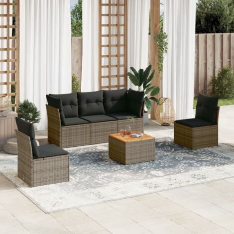 Ensemble de jardin 6 pièces en résine tressée grise avec table en acacia, sièges avec rangement et coussins lavables - Jardin et extérieur (1/5)