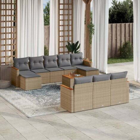 Ensemble Salon de Jardin 11 Pièces en Résine Tressée Beige avec Coussins Gris, Table Acacia et Bancs de Rangement (1/3)