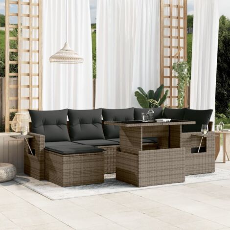 Salon de Jardin 7 Places Gris Résine Tressée Table Réglable Hauteur + Coussins Dossier Mobilier Extérieur Durable (1/5)
