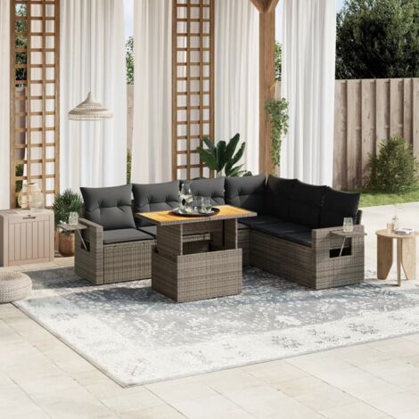 Ensemble de Salon de Jardin 7 Places en Résine Tressée Gris avec Coussins Amovibles - Canapé d'Extérieur Modulaire avec Table Réglable (1/3)