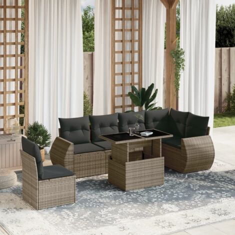 Ensemble Salon de Jardin en Résine Tressée Gris 7 Pièces avec Table Réglable et Coussins Lavables - Meuble d'Extérieur Modulaire (1/5)