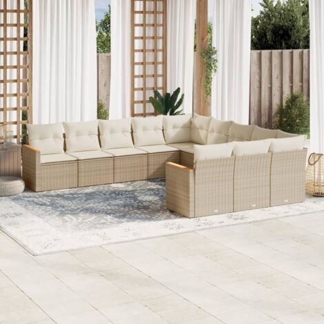 Ensemble Salon Jardin Modulaire 11 Pièces en Résine Tressée Beige avec Coussins Blanc Crème et Rangement Intégré (1/3)