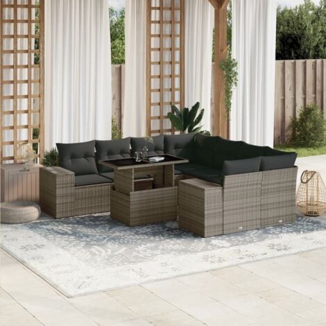 [Salon de Jardin Modulaire] Salon de Jardin 9 pièces en Résine Tressée Gris avec Coussins, Table à Hauteur Réglable (1/5)