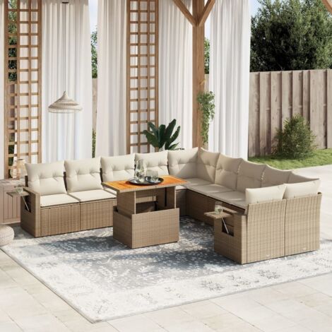 Ensemble de jardin 11 pièces en résine tressée beige avec coussins blanc crème, modulaire avec table réglable (1/3)