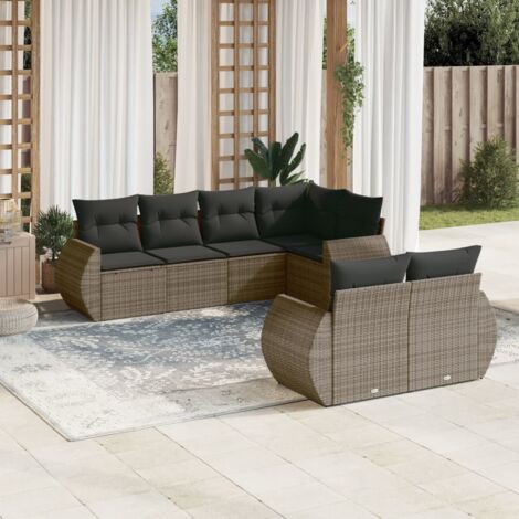 Ensemble de salon de jardin modulaire 7 places en résine tressée gris avec rangement et coussins amovibles (1/3)