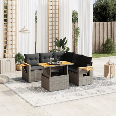 Salon de Jardin 6 Pièces en Résine Tressée Gris avec Coussins et Table à Hauteur Réglable (1/3)