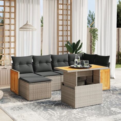 Salon de Jardin 7 Pièces Gris Résine Tressée avec Table Réglable et Coussins Amovibles, Design Modulaire pour Extérieur (110kg/Assis) (1/3)