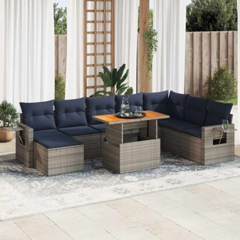 Salon de Jardin 9 Places en Résine Tressée Gris avec Coussins et Table à Hauteur Réglable (1/5)