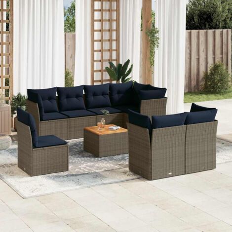 Ensemble Salon de Jardin 9 Places Résine Tressée Gris avec Table Acacia et Coussins Bleu Marine (1/5)