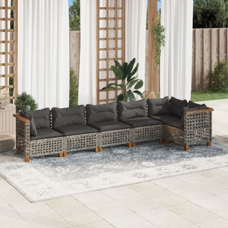 Canapé de Jardin 6 Places Gris en Résine Tressée avec Coussins Détachables  Ensemble Salon d'Extérieur Modulaire  Table et Sièges d'Angle et Centraux en Bois d'Acacia (1/5)