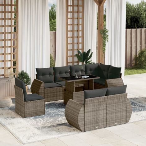 Salon de Jardin Gris 9 Pièces en Résine Tressée Modulable avec Coussins Démontables et Table Réglable (1/5)