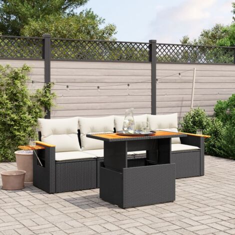 Ensemble Salon Jardin 5 Pièces Noir Résine Tressée avec Coussins Crème et Table à Hauteur Réglable, Modulable (1/3)