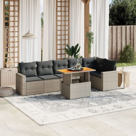 Ensemble Salon de Jardin Modulaire 7 Places en Résine Tressée Grise avec Coussins Lavables et Table Réglable (1/3)
