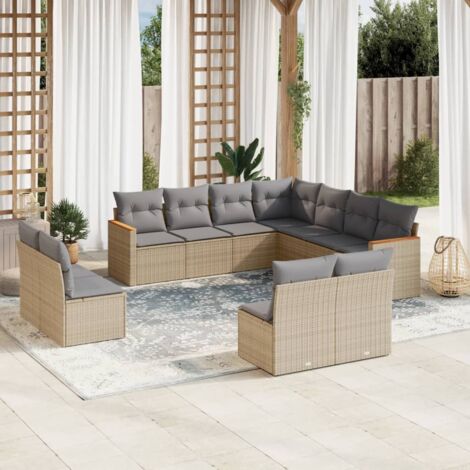 Canapé de jardin 11 pièces en résine tressée beige avec coussins gris, modulable et rangement intégré (1/3)