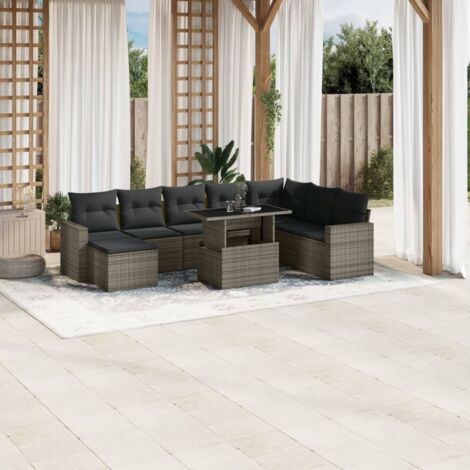 Salon de jardin 9 pièces gris résine tressée avec coussins et table à hauteur réglable, meuble d'extérieur modulaire confortable (1/5)