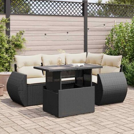 Salon de jardin 5 places en résine tressée noir avec table extensible et coussins crème - Canapé d'extérieur avec rangement intégré (1/5)