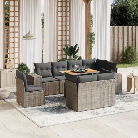Ensemble de salon de jardin 9 pièces gris en résine tressée, table extensible et coussins amovibles (1/3)