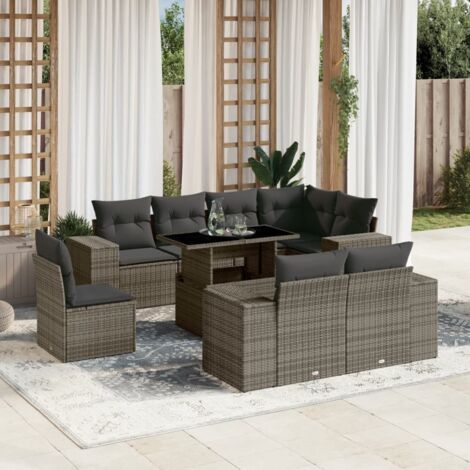 Ensemble de salon jardin 9 pièces résine tressée gris avec coussins amovibles et table réglable (1/5)