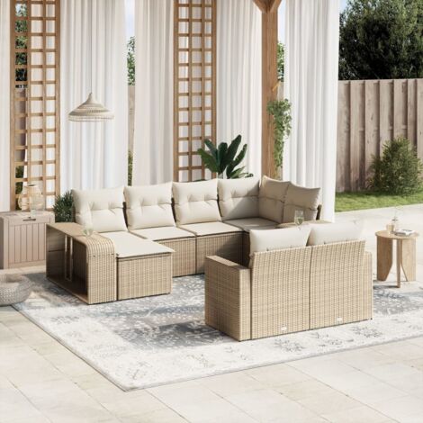 Ensemble de salon de jardin modulaire 10 pièces en résine tressée beige avec rangement et coussins crème (1/3)