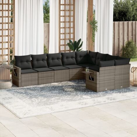 Ensemble salon de jardin 9 places en résine tressée grise avec coussins, rangement intégré et table d'appoint modulable (1/3)