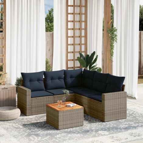Ensemble de Salon Jardin Modulable 6 Pièces Gris en Résine Tressée avec Coussins Marine (1/5)