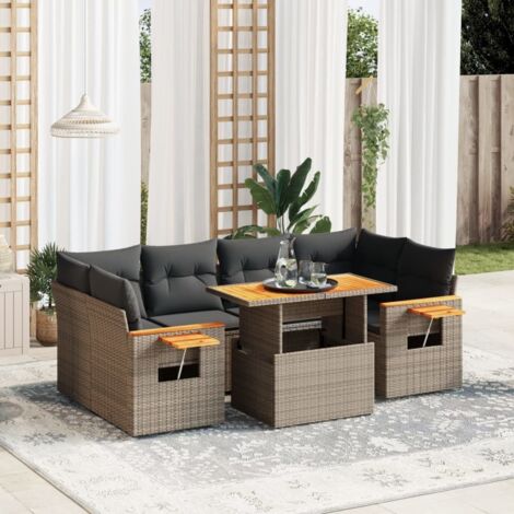 Ensemble de jardin résine tressée 7 places gris avec table extensible et coussins lavables (1/3)