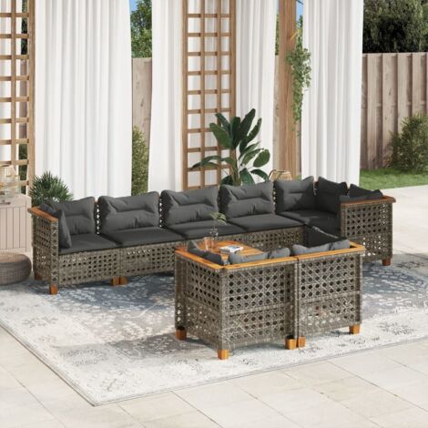 Ensemble modulaire salon de jardin 9 pièces gris en résine tressée poly rotin, table acacia, coussins housse lavable. (1/5)
