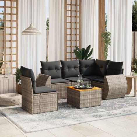 Ensemble Salon Jardin 6 Pièces Résine Tressée Gris avec Coussins, Table Acacia et Rangement Intégré (1/3)