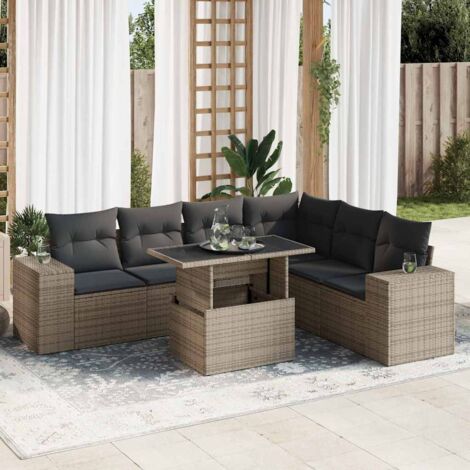 Ensemble de Salon de Jardin en Résine Tressée Grise avec 7 Coussins, Table à Hauteur Réglable et Rangement (1/5)