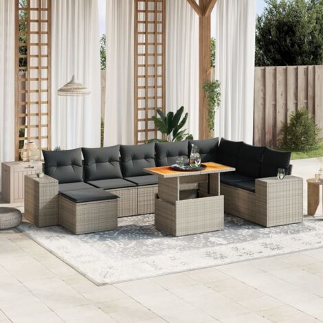 Ensemble Salon Jardin Modulable 9 Pièces Résine Tressée Gris avec Table Réglable et Coussins Lavables - Salon d'Extérieur pour Terrasse, Patio, Jardin (1/3)