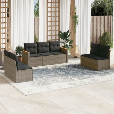 Ensemble canapé de jardin en résine tressée gris, 7 pièces avec coussins et rangement intégré (1/3)