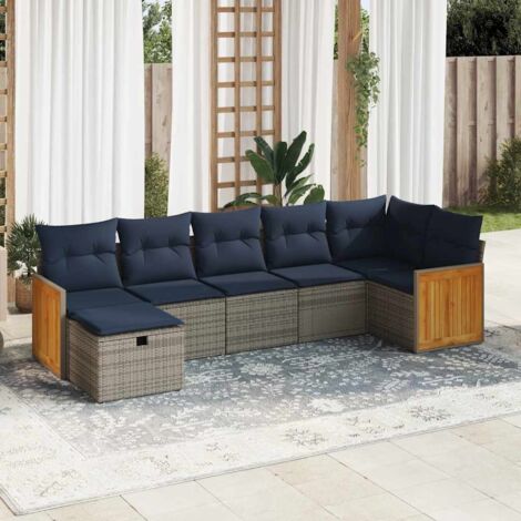 Ensemble de salon de jardin 7 places en résine tressée gris avec coussins bleu marine et rangement (1/5)