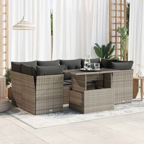 Salon de Jardin 7 Places Gris Résine Tressée avec Table Réglable et Coussins Amovibles - Rangement Intégré et Matériau Résistant aux Intempéries (1/5)