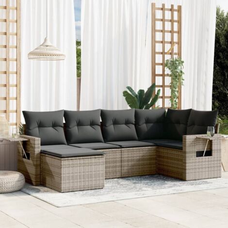 Salon de Jardin 6 Places en Résine Tressée Gris avec Coussins et Rangement (1/3)
