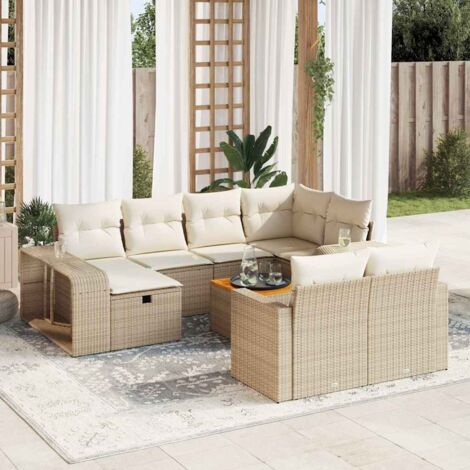 Ensemble de salon de jardin en résine tressée beige 11 pièces avec rangement et table en acacia (1/5)