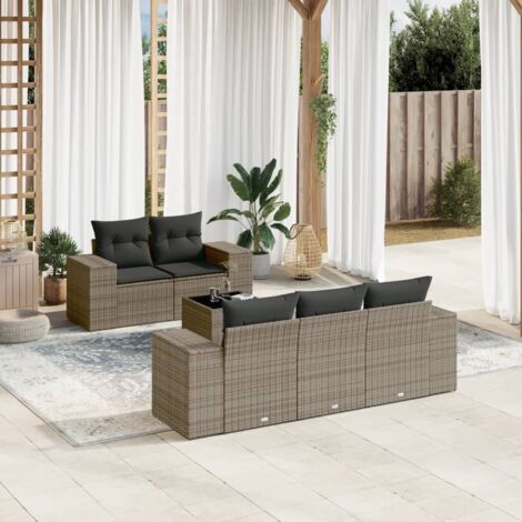 Ensemble Salon Jardin 6 Pièces Résine Tressée Gris avec Coussins Lavables, Table en Verre, Canapés Accoudoirs et Siège Stockage (1/3)
