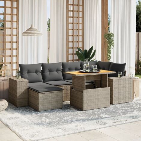 Canapé de Jardin 7 Places Gris Polyrotin avec Coussins et Table Réglable – Ensemble Salon Extérieur Durable et Confortable (1/3)