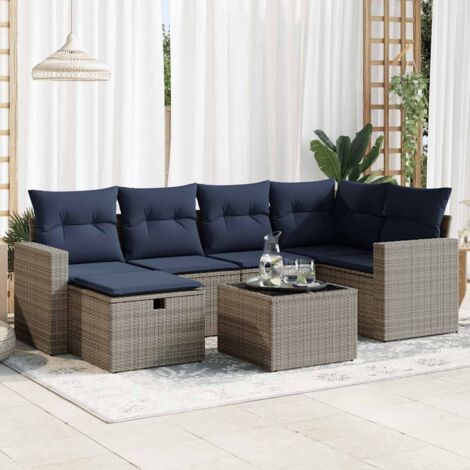 Ensemble de salon jardin 7 pièces gris résine tressée avec rangement et housses lavables (1/5)