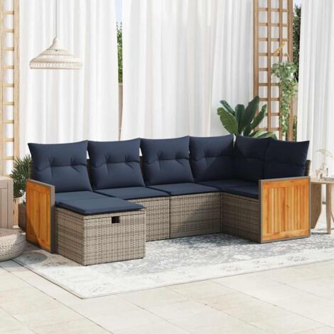 Ensemble Salon Jardin 6 Places en Résine Tressée Gris avec Coussins Bleu Marine et Rangement (1/5)