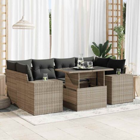 Salon de Jardin 7 Places en Résine Tressée Gris avec Table Réglable, Stockage et Coussins Amovibles (1/5)