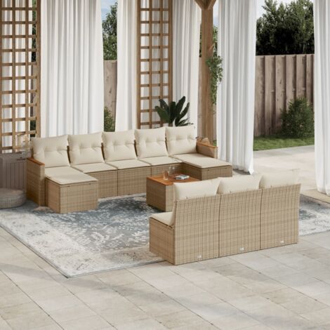 Salon de jardin 11 pcs en résine tressée beige avec coussins, table et repose-pieds en acacia, modulaire et rangement intégré (1/3)