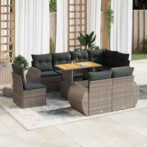 Ensemble de salon de jardin 9 pièces en résine tressée gris, table réglable avec rangement, coussins amovibles lavables, idéal pour terrasse et patio. (1/5)