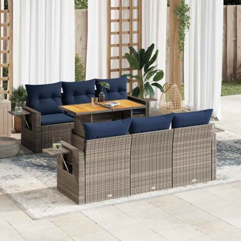 Ensemble de Salon de Jardin 7 Pièces en Résine Tressée Gris avec Coussins Bleu Marine, Table Réglable et Rangement Intégré (1/5)