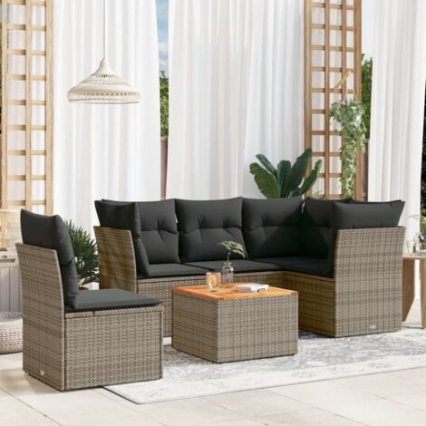 Salon de jardin 6 places gris résine tressée - 3 fauteuils d'angle, 2 centraux et table acacia avec coussins (1/5)
