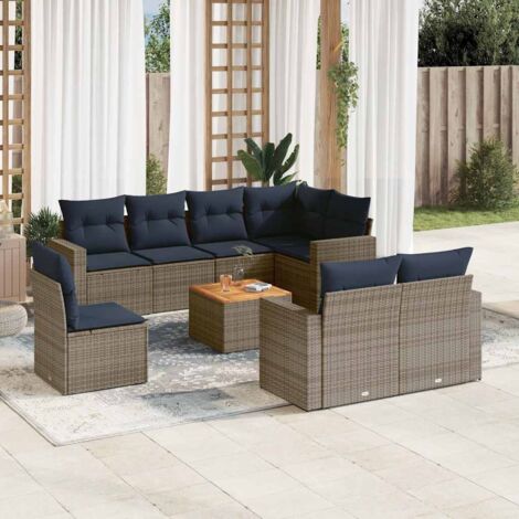 Ensemble Salon de Jardin 9 Pièces - Résine Tressée Gris avec Coussins Amovibles Bleu Marine, Modulaire avec Rangement (1/5)