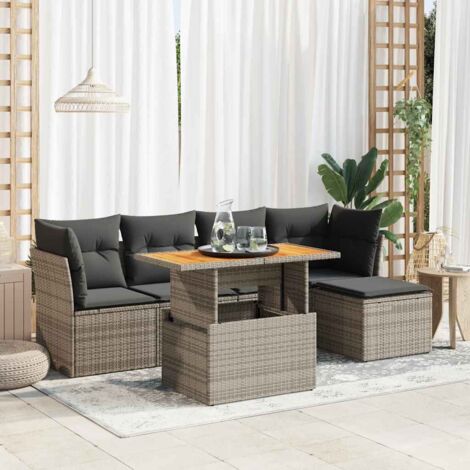 Ensemble de jardin en résine tressée gris 6 pièces avec table extensible et rangement - Salon d'extérieur modulaire avec coussins (1/5)