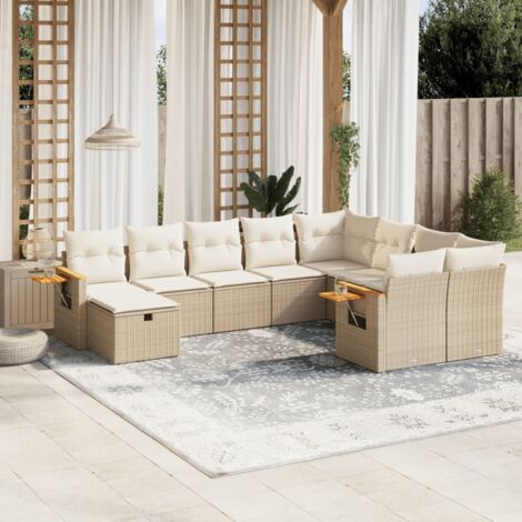 Ensemble Salon de Jardin 10 Pièces en Résine Tressée Beige - Canapé d'Angle avec Accoudoirs en Bois d'Acacia, Sièges de Centre, Table et Coussins Crème Lavables (1/3)