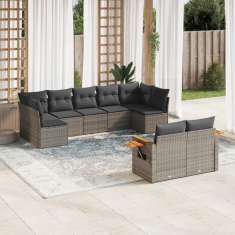 Ensemble salon de jardin 9 places en résine tressée gris avec coussins, rangement intégré et tables d'appoint (1/3)