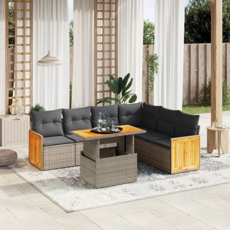 Ensemble Salon de Jardin en Résine Tressée Gris 7 Pièces avec Table Réglable et Coussins Amovibles (1/3)